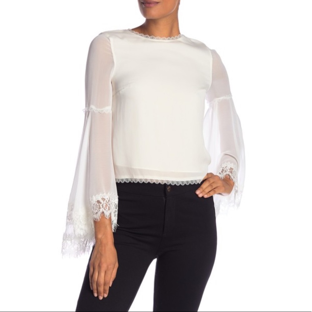 Alice + Olivia White Lace-Trim Sheer Bell Sleeve Blouse